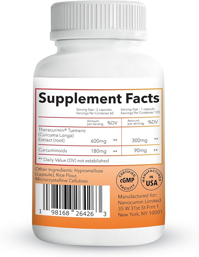 Theracurmin Turmeric Curcumin Supplement 120 Count High Absorption Turmeric &amp Curcumin - Joint Supplement for Men and Women - 42.6X More Bioavailablity