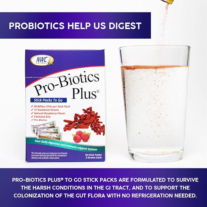 NWC Naturals Pro-Biotics Plus Stick Pack of 30 On the Go Pro-Biotic Powder Packets for Men Women &amp Kids - Immune System Support Natural Probiotic and Prebiotics Supplement