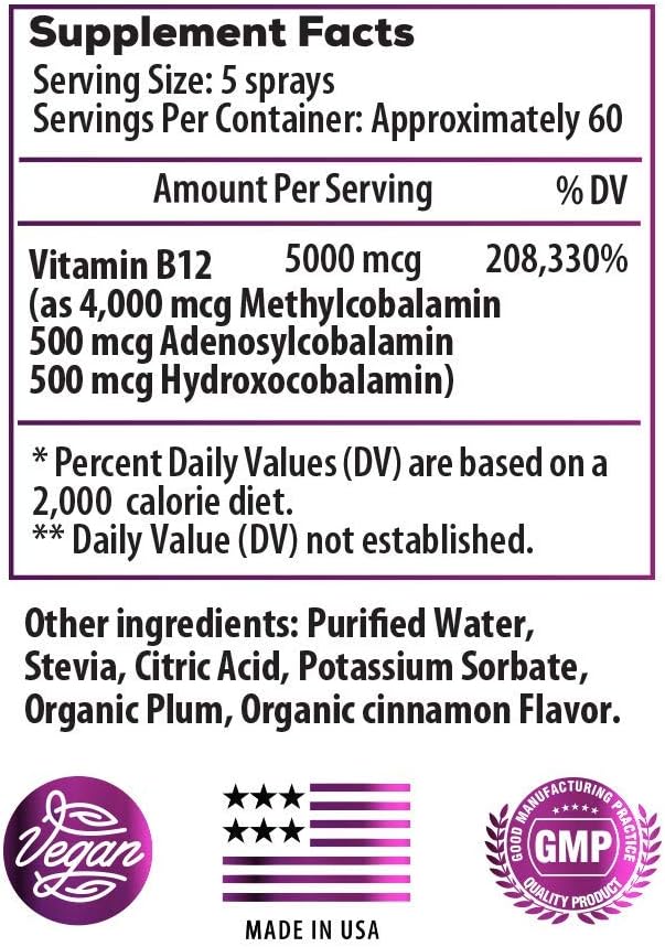 Ideal Infusion B-Bomb Triple B12 Vitamin Liquid Spray: Methylcobalamin Adenosylcobalamin Hydroxocobalamin - Nerve Health and Energy Booster- 5000 mcg Keto Sugar Free (Organic CinnaPlum)