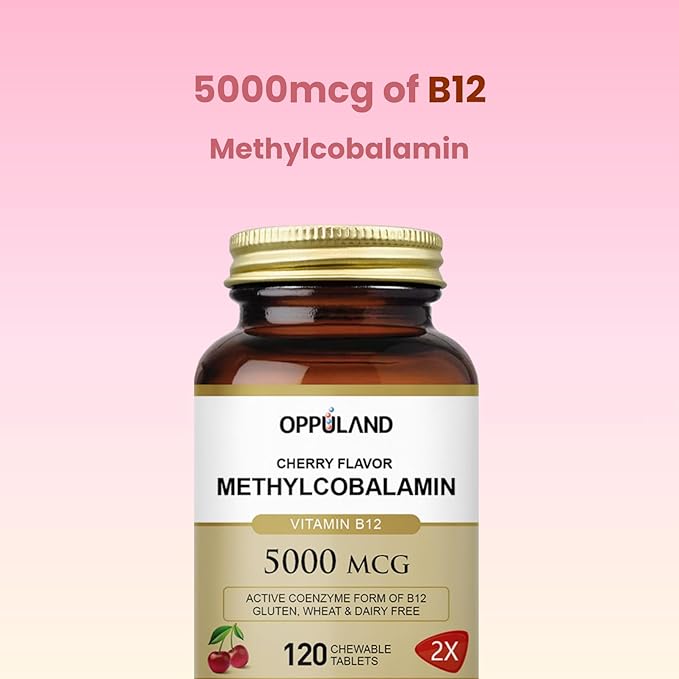 Methyl B-12 5000mcg Chewable with Folate - Vitamin B12 Methylcobalamin Sublingual Tablets - Supports Energy &amp Brain Function - Vegan Supplement - Cherry Flavor - 120 Count