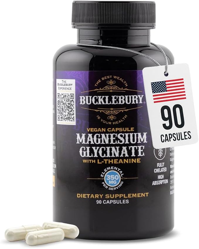 Bucklebury Magnesium Glycinate Capsules with L-Theanine 350mg - Advanced Formula for Stress Relief Muscle &amp Bone Health Support - Magnesium Glycinate Supplements for Women &amp Men - Vegan 90 Co