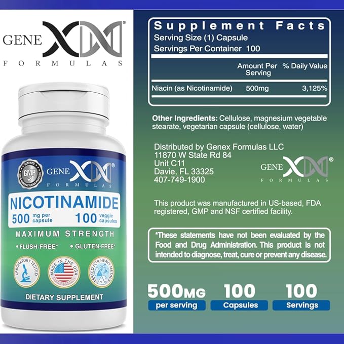 Genex Formulas Nicotinamide 500mg (3-Pack) Vitamin B3 Flush Free Niacin Capsules for Healthy Skin - Niacinamide Supplement Pills help Produce Keratin &amp Support Skin Cell Health &amp Energy (300 C