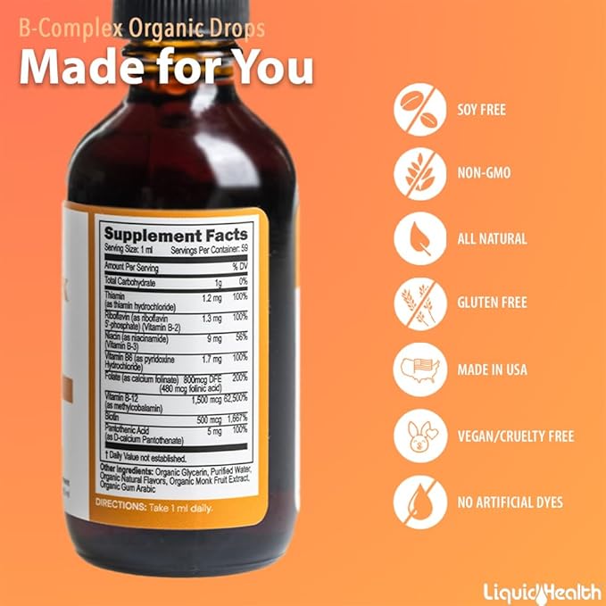 LIQUIDHEALTH USDA Organic Vitamin B Complex Drops for Men &amp Women - Natural Energy Improved Focus Memory &amp Mood Immune Support Metabolism Boost - USA Made Extra Strength No Sugar Vegan