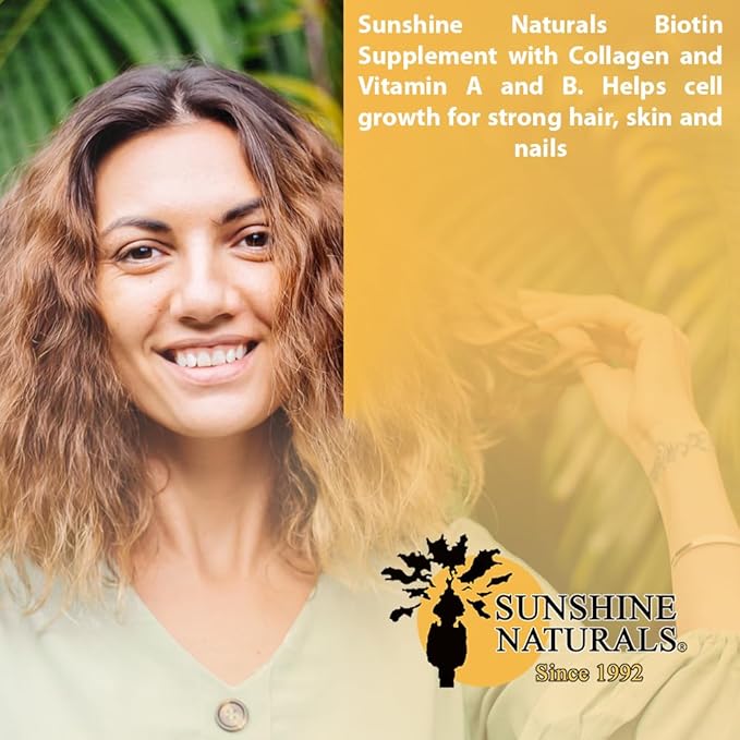 Sunshine Naturals Biotin Dietary Supplement. Supports Healthier Skin Thicker Stronger and Faster Hair and Nail Growth. Enriched with Collagen Vitamin A and B for Hair Loss. 5000 mcg. 90 Capsules.