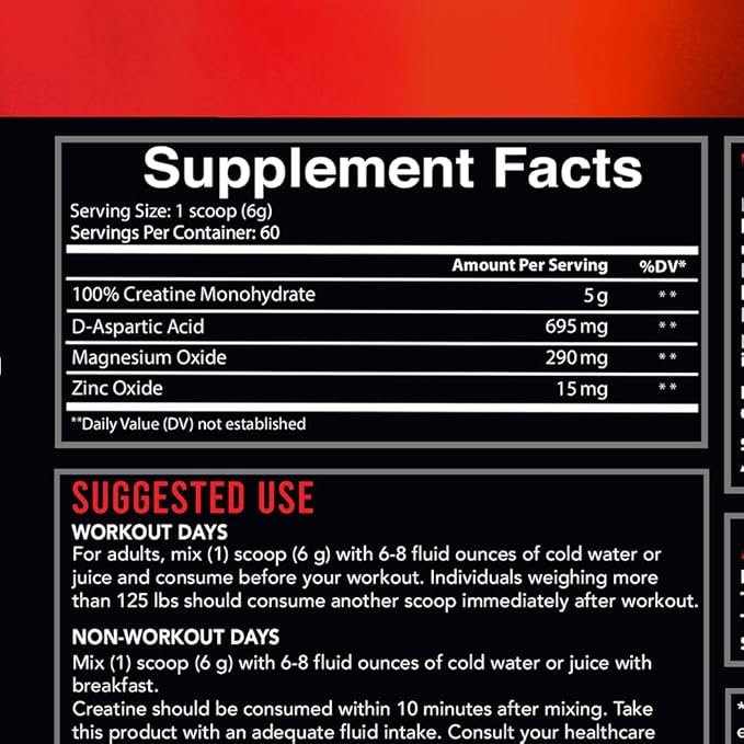 Angry Supplements Crea-Test 100% Creatine Monohydrate + Test Booster Powder for Monster Test Men w. D-Aspartic Acid Zinc &amp Magnesium Unflavored Drink Mix (360 Grams 60 Servings)