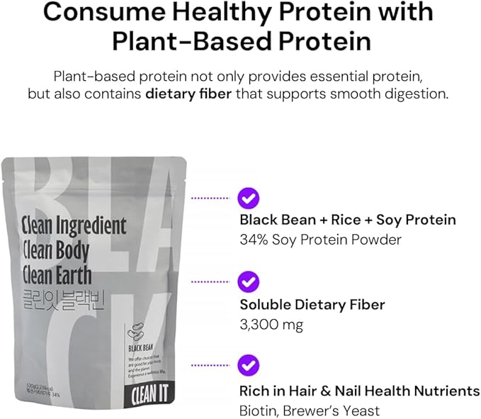 Cleanit Vegan Protein Shake with Black Bean 520g ㅣ Plant-Based Protein Powder for Daily Nutrition ㅣ Made with Natural Ingredients ㅣ No Sugar No Dairy Non-GMO ㅣ Made in Korea