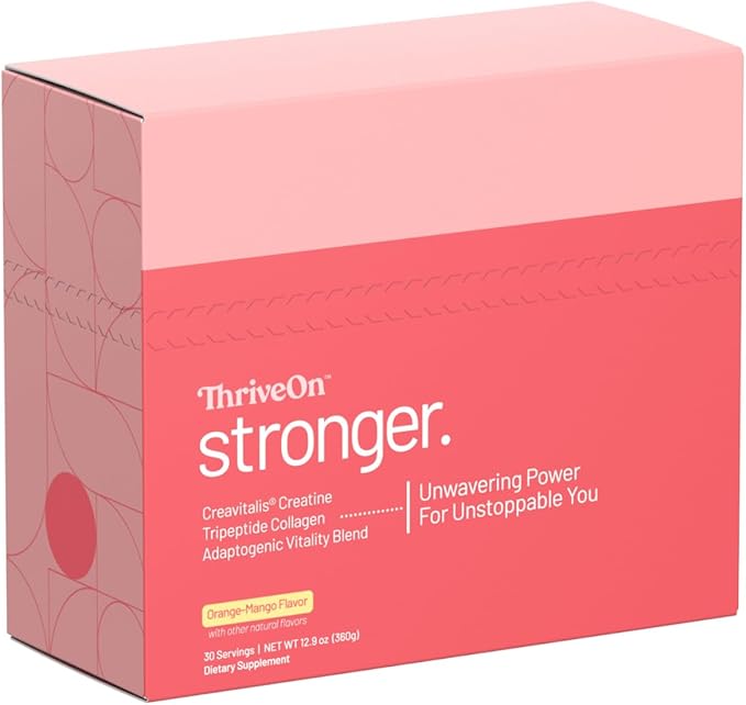 ThriveOn Stronger - Women's Creatine &amp Collagen Supplement for Midlife Support - Bone Muscle Cognitive &amp Energy Support* - Gluten-Free &amp Dairy-Free - Orange-Mango Flavor - 30 Count (30 S