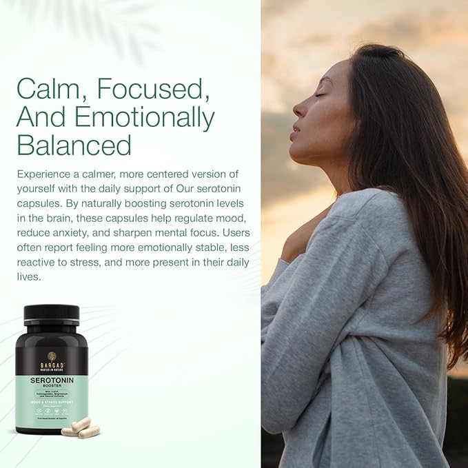 Serotonin Support Supplement – Helps Boosts 5HTP Serotonin &amp Cortisol Levels Herbal Blend – Promotes Positive Mood Calmness Stress Relief | Happy Mood &amp Brain Support | 60 Capsule