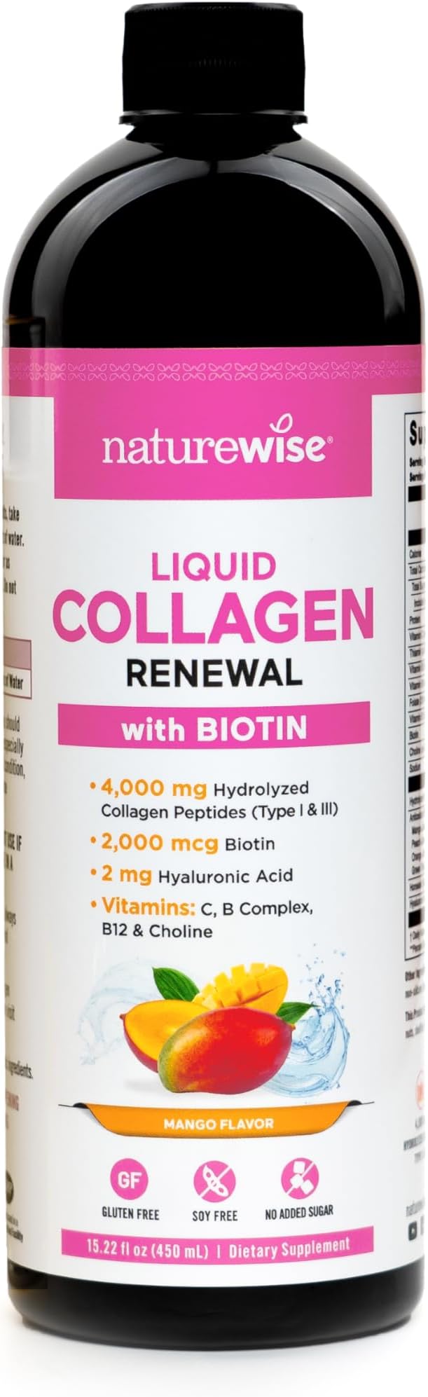 NatureWise Hydrolyzed Liquid Collagen for Women &amp Men 4000mg - No Added Sugar - Multi Collagen Peptides + Biotin + Vitamin C + Vitamin B Complex &amp Hyaluronic Acid - Mango - 15.22 fl oz[45 Day