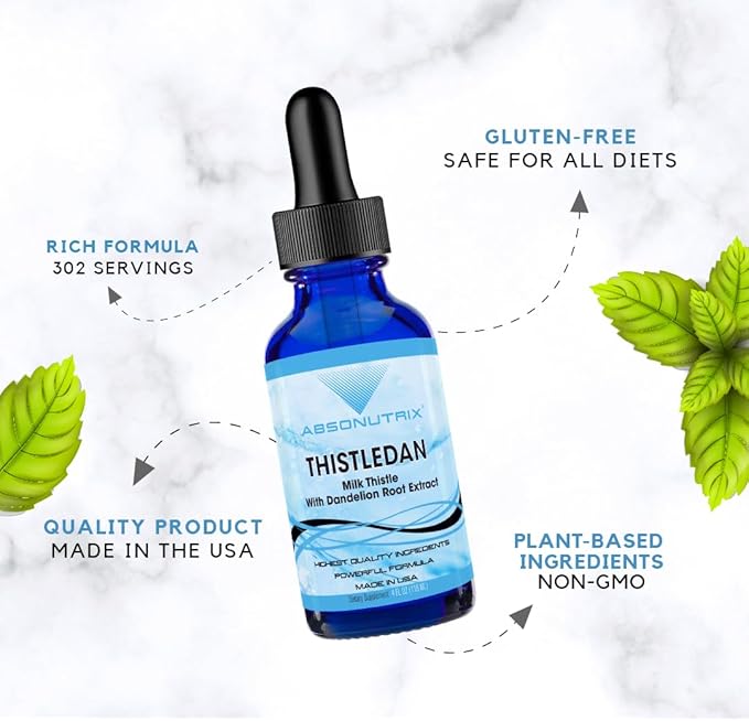 Absonutrix Thistledan 390 mg 4 FL OZ Liquid 302 Servings Made in USA Plant-Based Ingredients Artichoke Leaf Burdock Root Dandelion Root Milk Thistle Gluten-Free Non-GMO GMP Certified