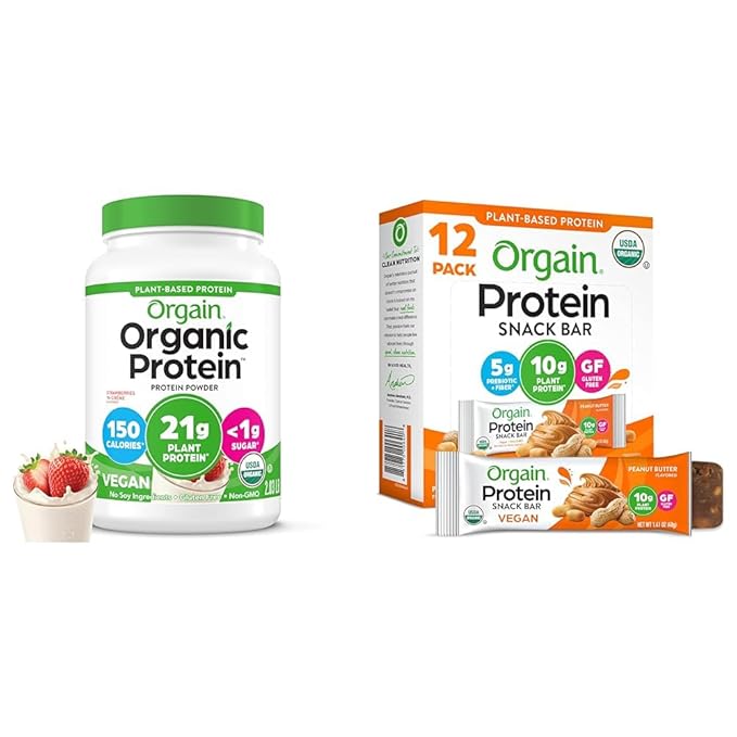 Bundle of Orgain Organic Vegan Protein Powder Strawberries &amp Cream - 21g Plant Based Protein 2.03lb + Orgain Organic Vegan Protein Bars Peanut Butter - 10g Plant Based Protein Pack of 12