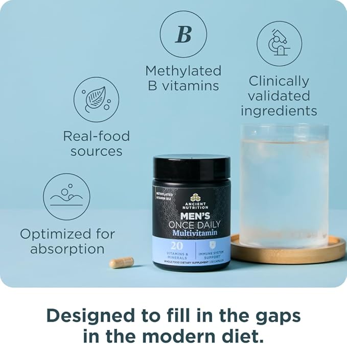 Ancient Nutrition Multivitamin for Men Multi Men's Once Daily Vitamin Supplement Methylated Vitamin A B K2 Magnesium Supports Immune System 30 Ct