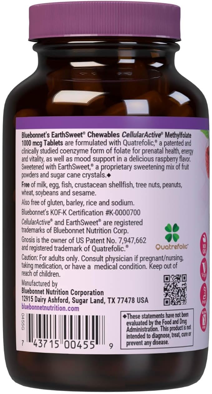 Bluebonnet EarthSweet Methylfolate 1000 mcg Cellular Active Coenzyme 5-MTHF L Methyl Folate Supplement - Prenatal &amp Energy Support - Non-GMO Vegan Gluten-Free - Raspberry - 90 Chewable Tablets