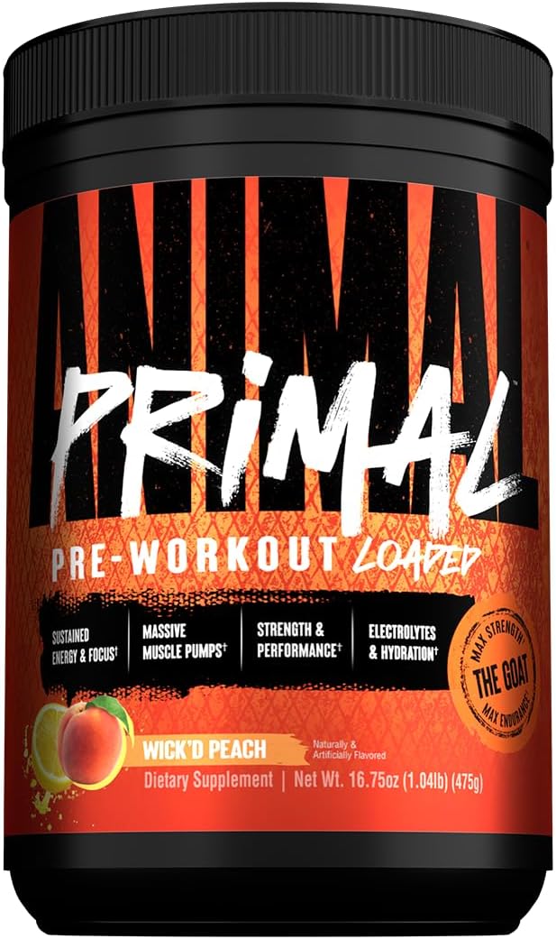 Animal Primal Muscle Hydration + Preworkout Powder – Contains Beta Alanine 3DPump Caffeine &amp Electrolytes – Improves Energy Focus Endurance &amp Absorption – New Wick’d Peach Flavor 16.75 oz