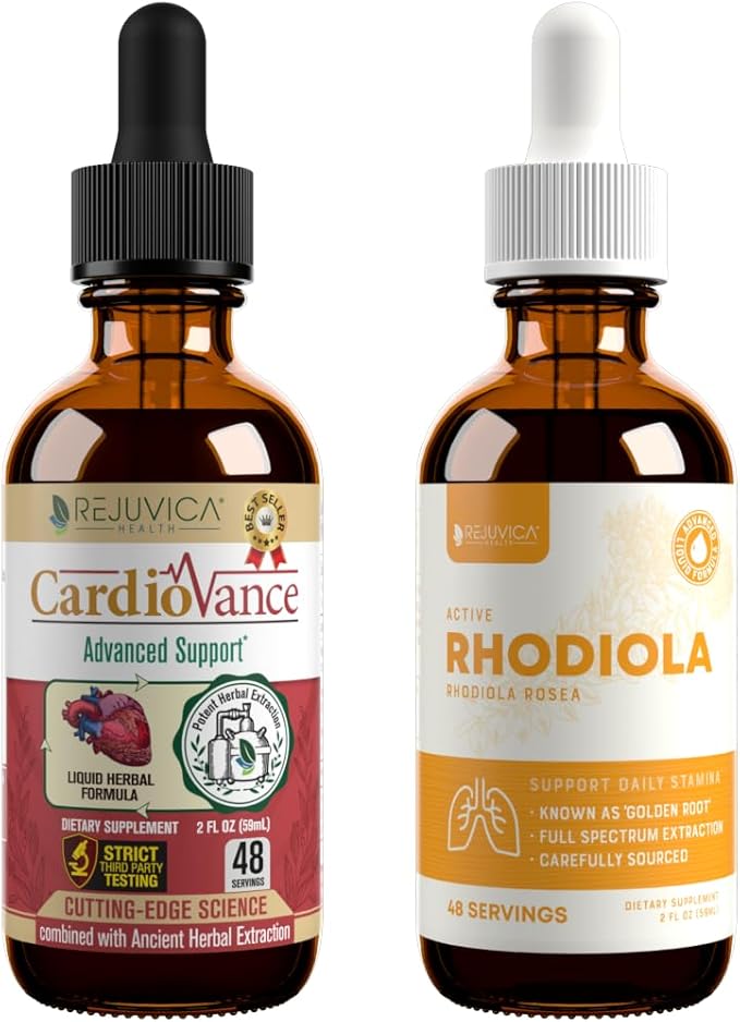 Rejuvica Health CardioVance + Active Rhodiola Bundle - Heart Support &amp Stress Relief Supplement Bundle - Advanced Liquid Deliver