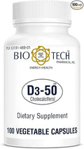 Bio-Tech Pharmacal D3-50 50000 IU 100 Vegetable Capsules – All-Natural Supplement – Supports Bone &amp Immune Health – No Dairy Fish Gluten Peanut Shellfish &amp Soy