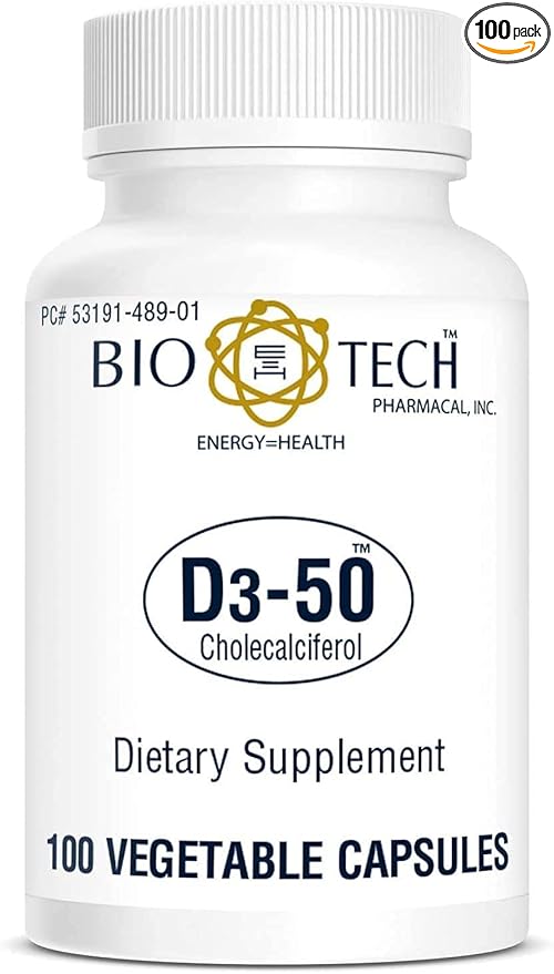 Bio-Tech Pharmacal D3-50 50000 IU 100 Vegetable Capsules – All-Natural Supplement – Supports Bone &amp Immune Health – No Dairy Fish Gluten Peanut Shellfish &amp Soy