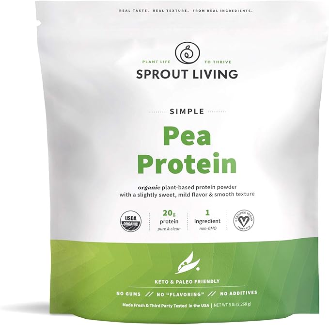 Sprout Living Organic Pea Protein Powder Unflavored 20 Grams of Plant Based Organic Protein Powder Without Artificial Sweeteners Non Dairy Non-GMO Vegan Gluten Free (5 Pound 95 Servings)