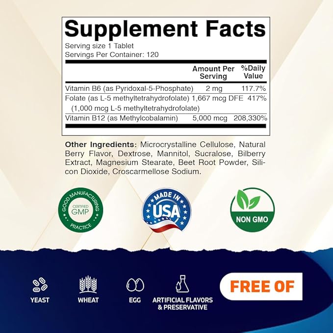 Vitamatic Methyl Folate &amp B12 Supplement with Pyridoxal 5 Phosphate (P-5-P) - Promotes Cardiovascular Health &amp Energy Metabolism - 120 Fast Dissolve Tablets - Non GMO &amp Gluten Free-2 Pack