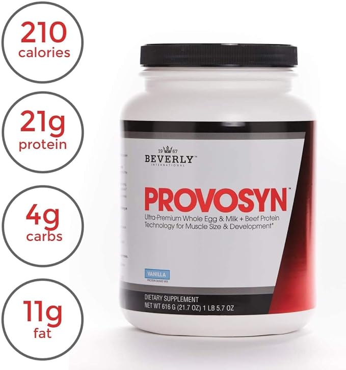 PROVOSYN. The Original Ultra-Premium Whole Egg Milk (Casein + Whey) and Beef Protein Powder. Fast Muscle Building + Recovery. Perfect for Hard Gainers. Vanilla Flavor 616 g The Mature Users Protein.