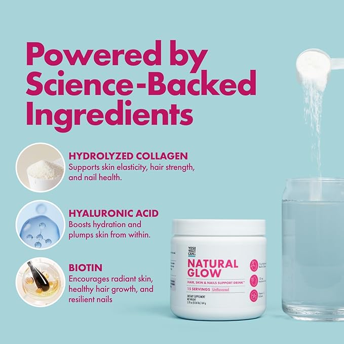 Yes You Can! Natural Glow Beauty Collagen Powder – 10g Hydrolyzed Collagen with Biotin Hyaluronic Acid Vitamins C &amp E – Skin Hair &amp Nail Support – 15 Servings (Unflavored)