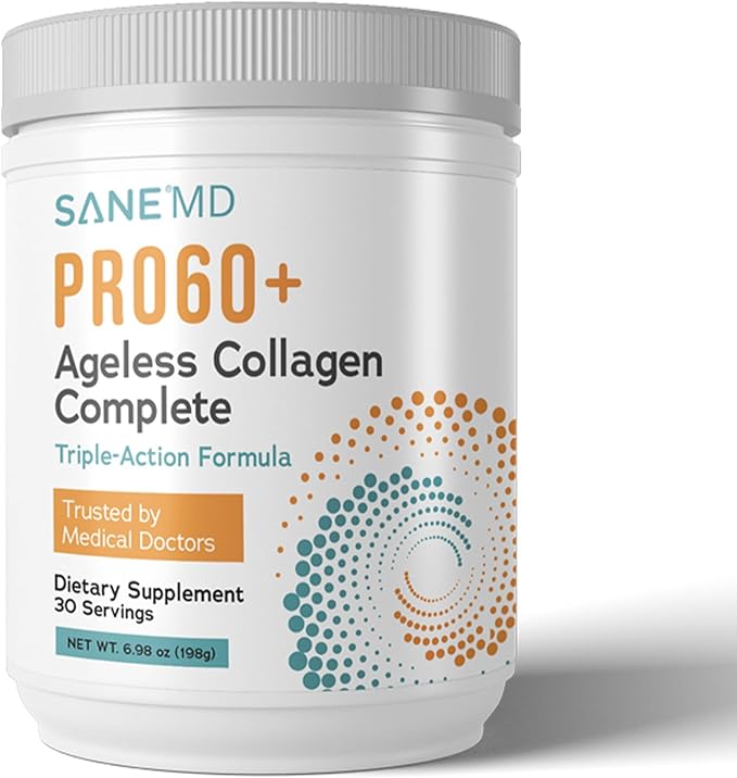 Sane MD PRO60+ Collagen Peptides Powder - Multi-Collagen Types I II III V &amp X with Biotin Vitamin C &amp Hyaluronic Acid Grass-Fed Unflavored Daily Support 60+