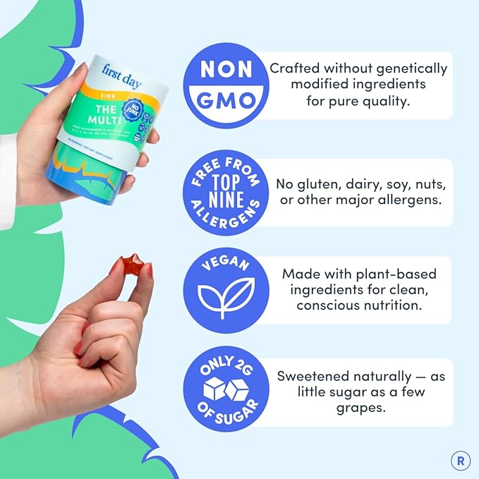 First Day Kids Multivitamin Gummies Age 4+ Strawberry &amp Orange - Kids Vitamins Multivitamin Gummy A C D3 K2 B1 B2 B6 B12 Folate Immunity &amp Brain Function Vegan - 30 Day Supply Packaging Ma