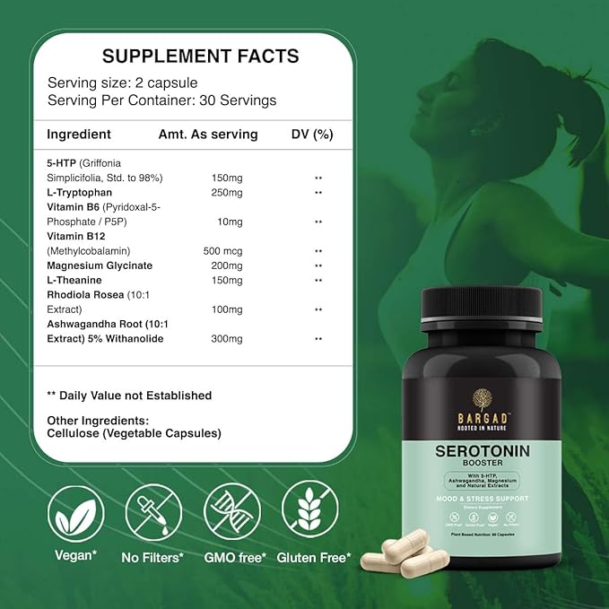 Serotonin Support Supplement – Helps Boosts 5HTP Serotonin &amp Cortisol Levels Herbal Blend – Promotes Positive Mood Calmness Stress Relief | Happy Mood &amp Brain Support | 60 Capsule