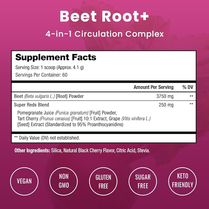 NutraChamps Beet Root Powder Circulation Supplement Superfood Powder Nitric Oxide with Beetroot Juice Super Reds &amp Grape Seed Extract No Sugar Beet Supplement - 8.74 Oz
