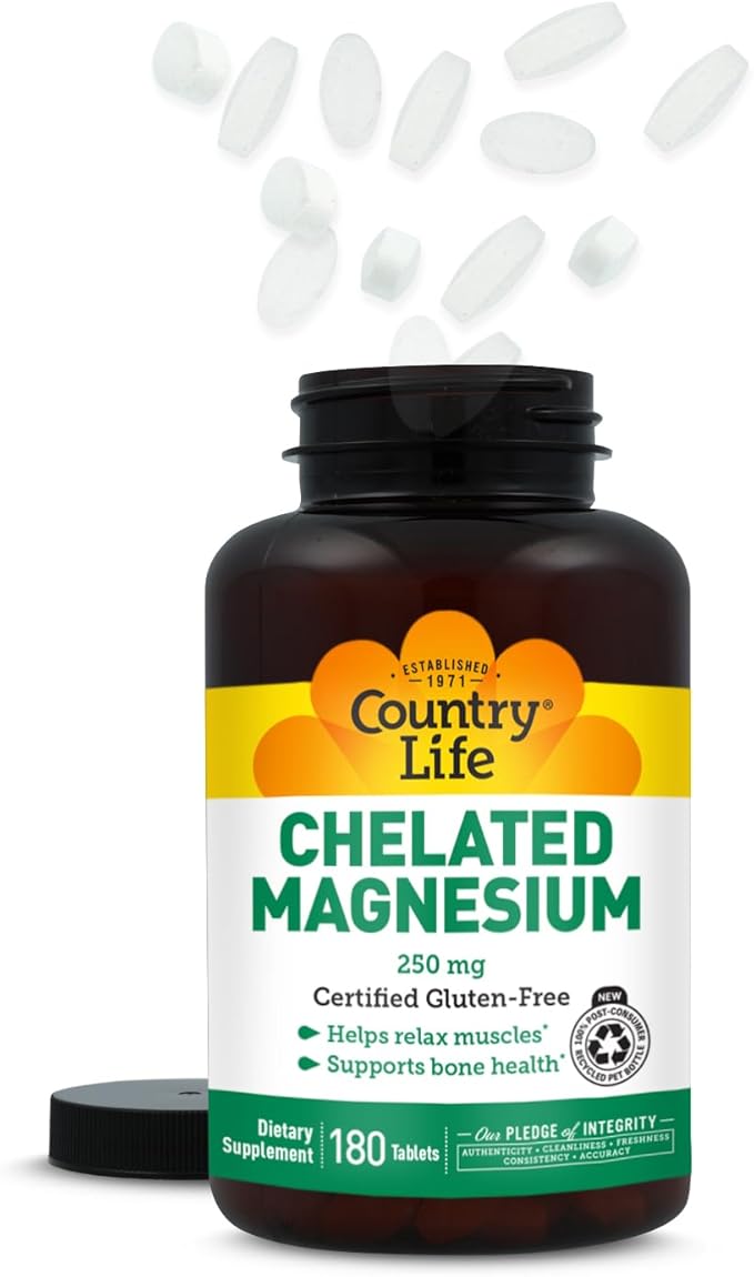 Country Life Chelated Magnesium 250mg - Supports Heart Bone &amp Muscle Health Vegan-Friendly Magnesium Supplement with Magnesium Oxide and Amino Acid Chelate Gluten-Free