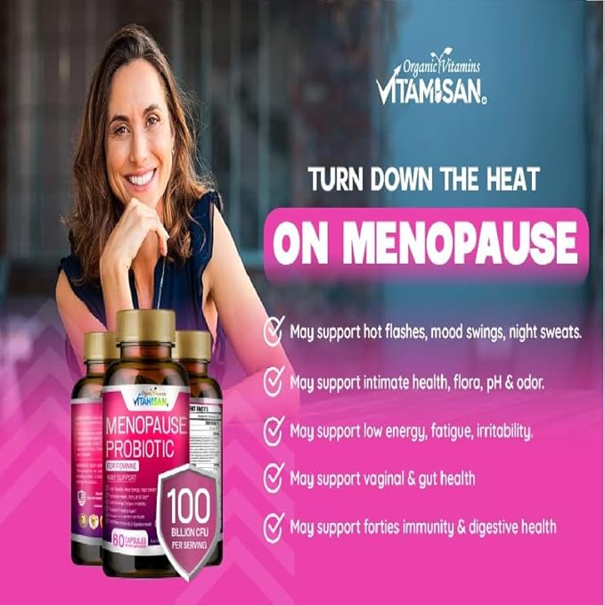 VITAMISAN Menopause Support Probiotic 2 Pack – 100 Billion CFU with Black Cohosh &amp Ashwagandha – Hormone-Free Prebiotics &amp Probiotics for Women – Feminine Care pH Balance &amp Mood Support