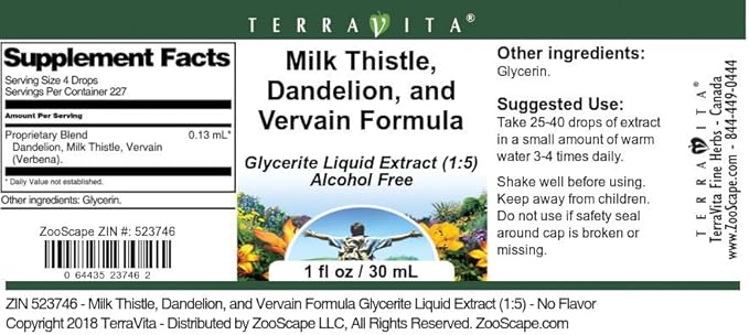 Terravita Milk Thistle Dandelion and Vervain Formula Glycerite Liquid Extract (1:5) - No Flavor (1 oz ZIN: 523746)