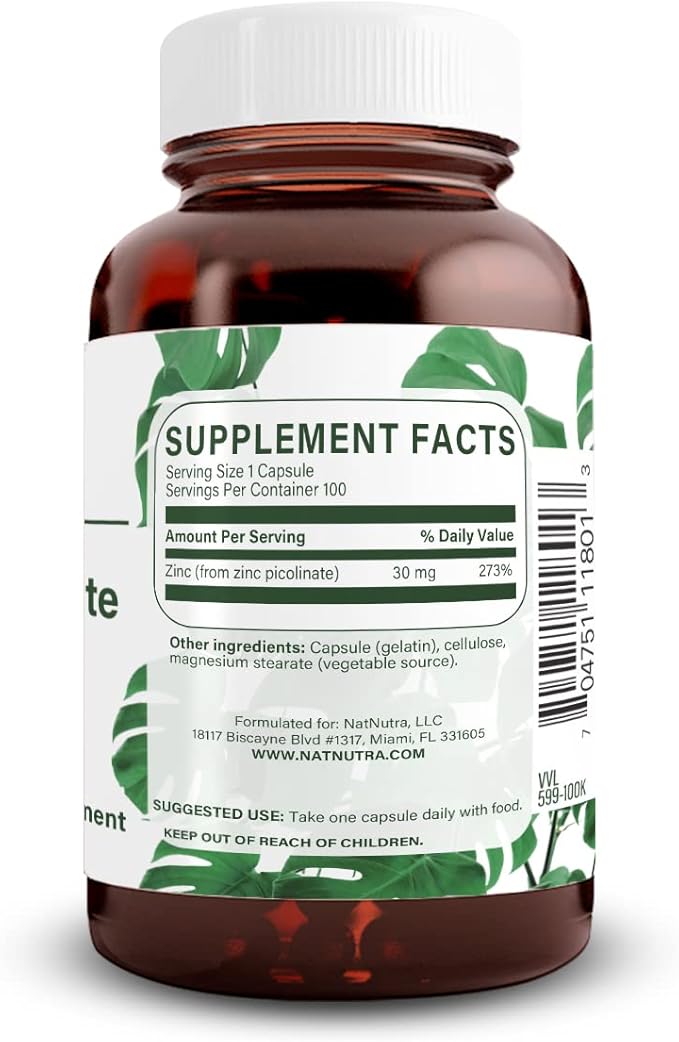 Natural Nutra Zinc Picolinate 30 mg Double Strength Raw and Pure Highly Bioavailable Supplement for Growth &amp Immunity Helps Promote Skin Health Support Metabolic System 100 Capsules (3 Pack)