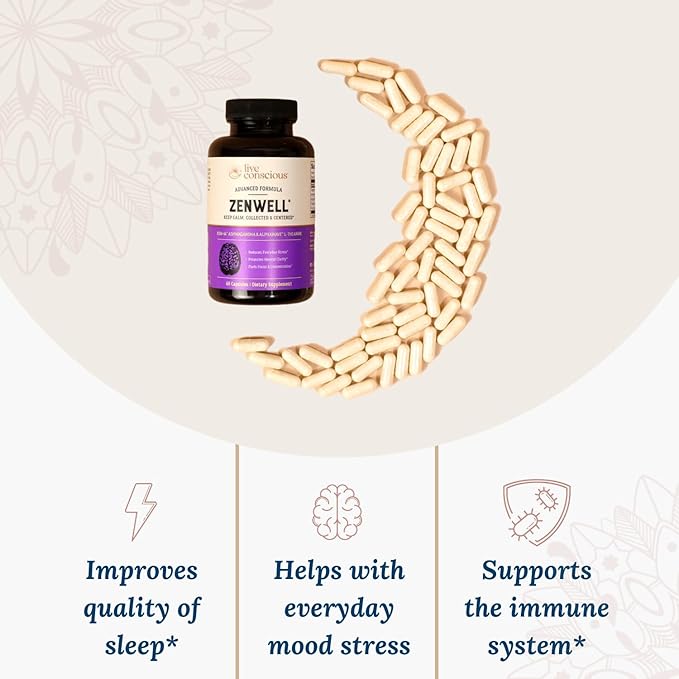 Live Conscious KSM-66 Ashwagandha Supplement w/L Theanine &amp AlphaWave - ZenWell Everyday Stress Relief Cognitive Brain Health - Ashwagandha for Men &amp Women - 60 Capsules