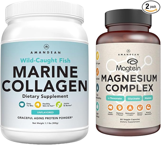 AMANDEAN Premium Magnesium Complex &amp Marine Collagen Bundle. High-Absorption Magnesium Threonate Glycinate &amp Malate. Wild-Caught Hydrolyzed Fish Collagen Protein. Support Quality Sleep Skin