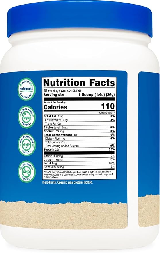 Nutricost Organic Pea Protein Powder (1 LB) Unflavored - Certified USDA Organic Protein from Plants Vegetarian Friendly Gluten Free Non-GMO