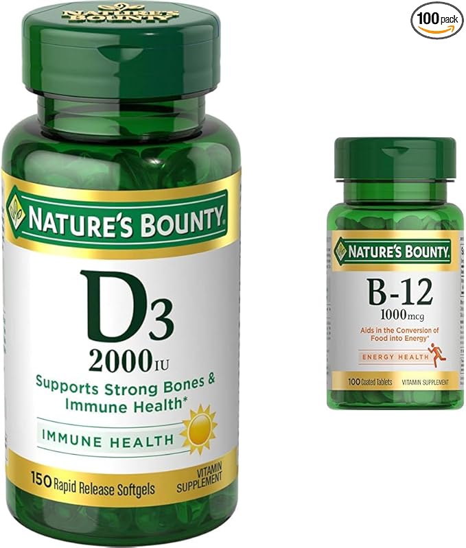 Nature's Bounty Vitamin D Supports Immune Health &amp Bone Health &amp Vitamin B12 1000mcg Supports Energy Metabolism and Nervous System Health Vitamin Supplement 100 Tablets
