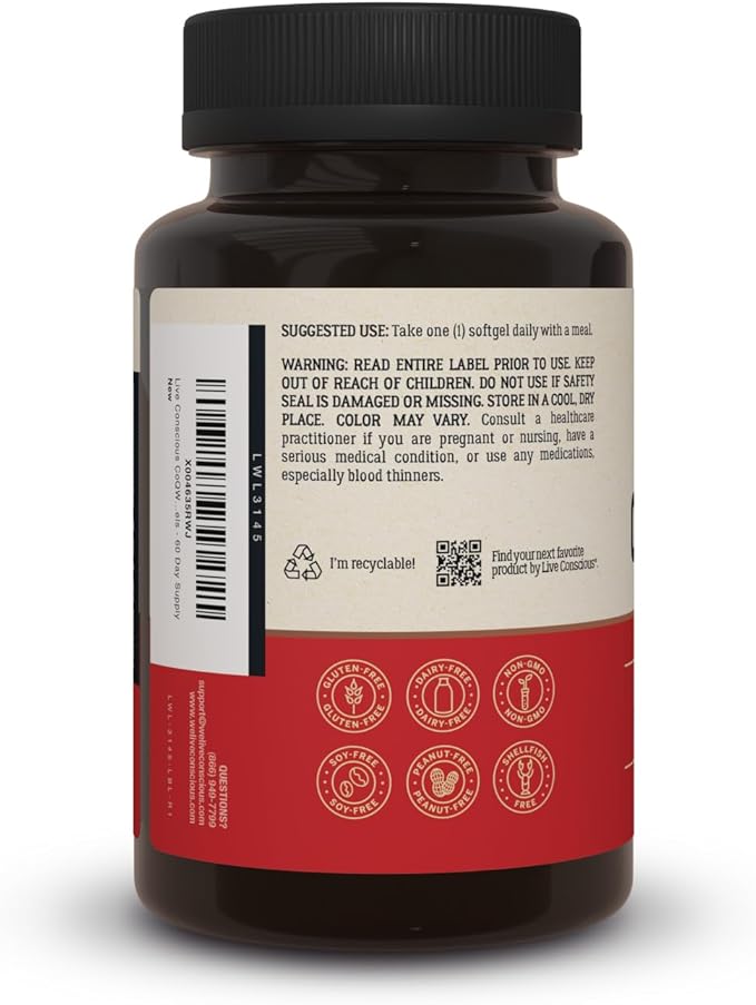 Live Conscious CoQWell - CoQ10 Heart Brain and Vascular Health Support Coenzyme Q10 Ubiquinone - 60 Softgels - 60 Day Supply