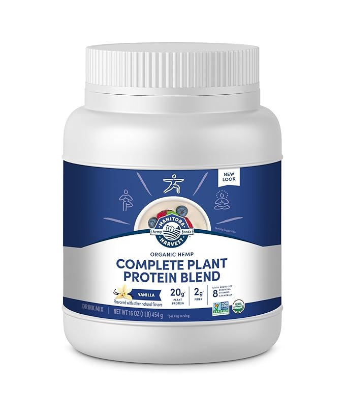 Manitoba Harvest Hemp Yeah Organic Plant-Based Protein Powder Vanilla 16oz 20g Complete Plant Protein (Hemp and Pea) 4g of Fiber &amp 1.9g Omegas 3&amp6 Per Serving Non-GMO Vegan Packaging Ma
