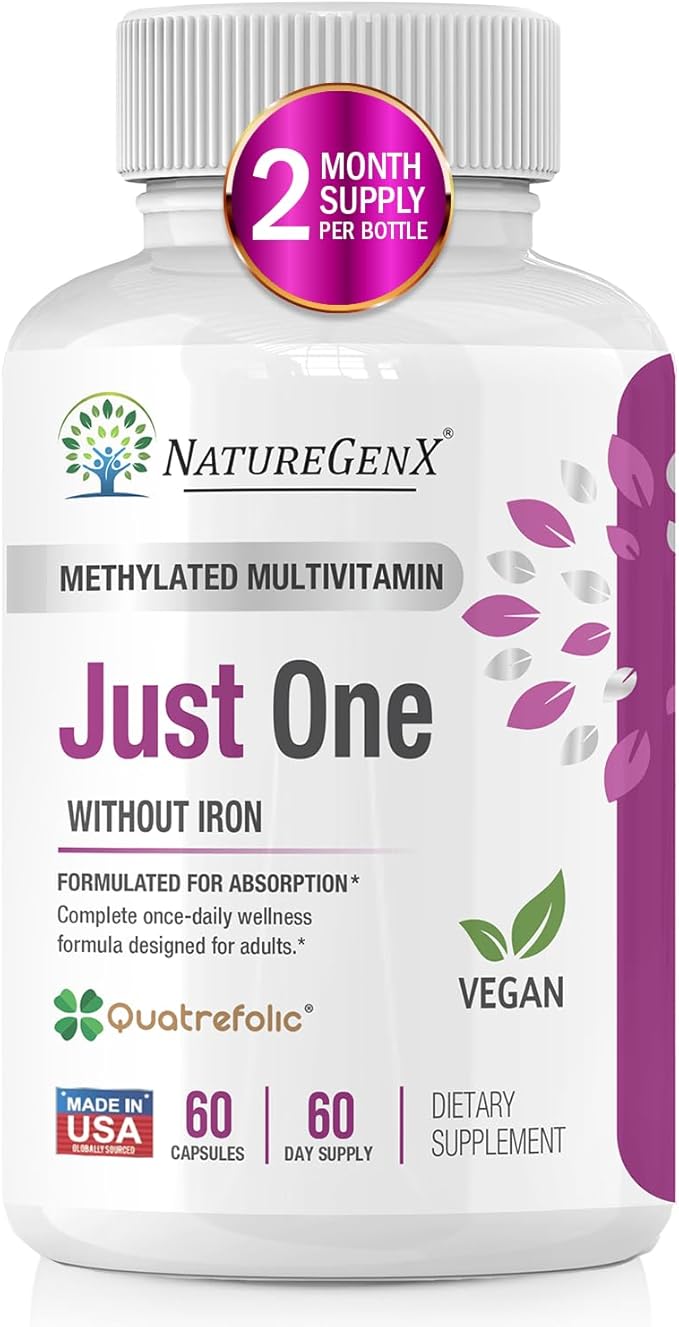 Just One Daily Methylated Multivitamin - 60 Caps Pure Methyl B12 Methylfolate MTHFR Support Supplement Iron Free Methylated Vitamins for Men &amp Women 2 Months Supply Gluten Free