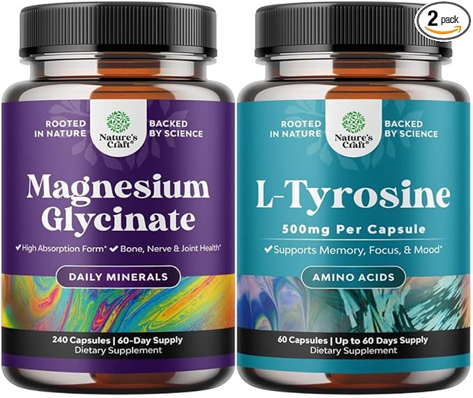 Bundle of High Absorption Magnesium Glycinate Capsules for Calming Sleep Plus Muscle Bone &amp Nerve Support and Free Form L Tyrosine 500mg Capsules for Mental Energy and Focus Support