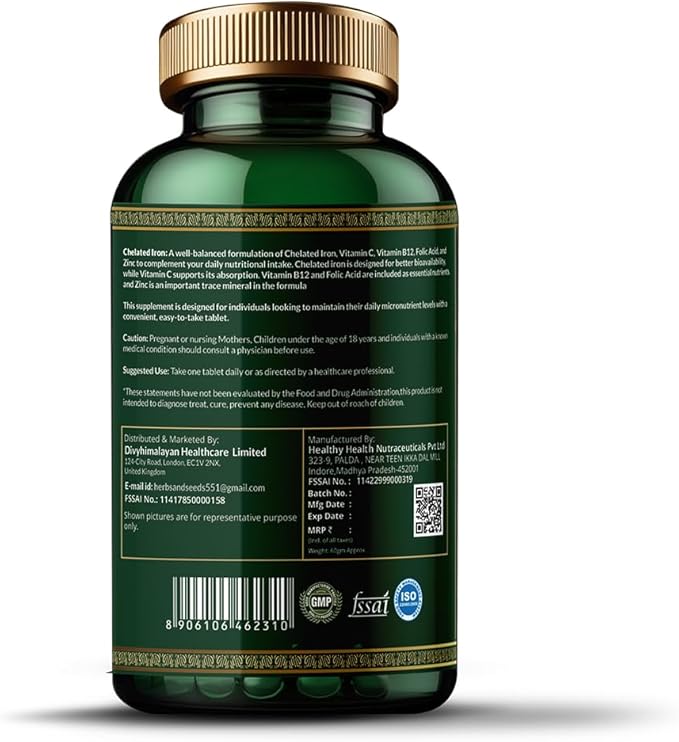 HERBS &amp SEEDS Extra-Strength Chelated Iron Highly Highly-Absorbable Iron Supplement for Women &amp Men 65 mg for Healthy Red Blood Cell Production Gluten-Free Non-GMO Dairy-Free Vegan 120 P