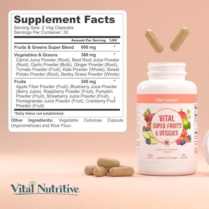 Vital Super Fruits &amp Veggies - Daily Superfood Capsules for Adults - Fruit and Veggies Supplement to Boost Immunity &amp Energy - 2-in-1 Formula for Overall Wellness - Fruit and Vegetable Capsule