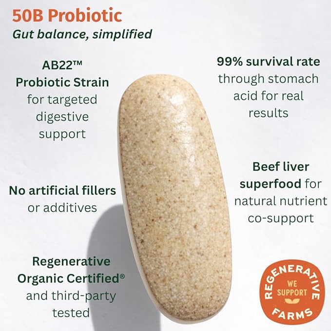 Probiotic 50B CFU with Beef Liver – Regenerative Organic Certified Daily Gut Health Supplement – Supports Digestion Immune &amp Emotional Wellness – 60 Tablets