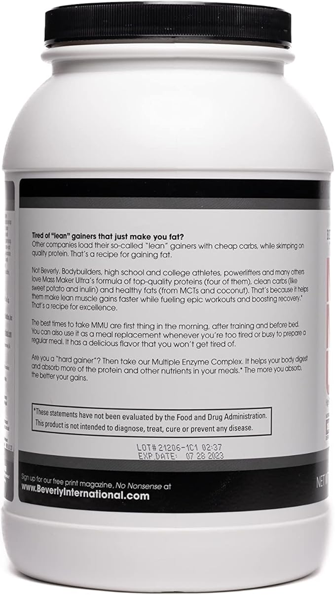 Beverly International Mass Maker Ultra Chocolate 14 Servings 3lb. Build Lean Mass Like a Pro. Milk Protein Isolate Whey Protein Isolate + Egg. MCT Oil. Clean Carbs Great Taste