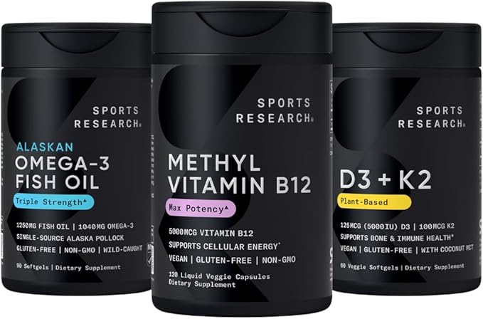 Sports Research® Celular Energy Pack - Plant Based Vitamin B12 as Methylcobalamin 5000mcg + Magnesium Glycinate 160mg + Vegan Vitamin D3 5000iu &amp Mk7 Vitamin K2 100mcg