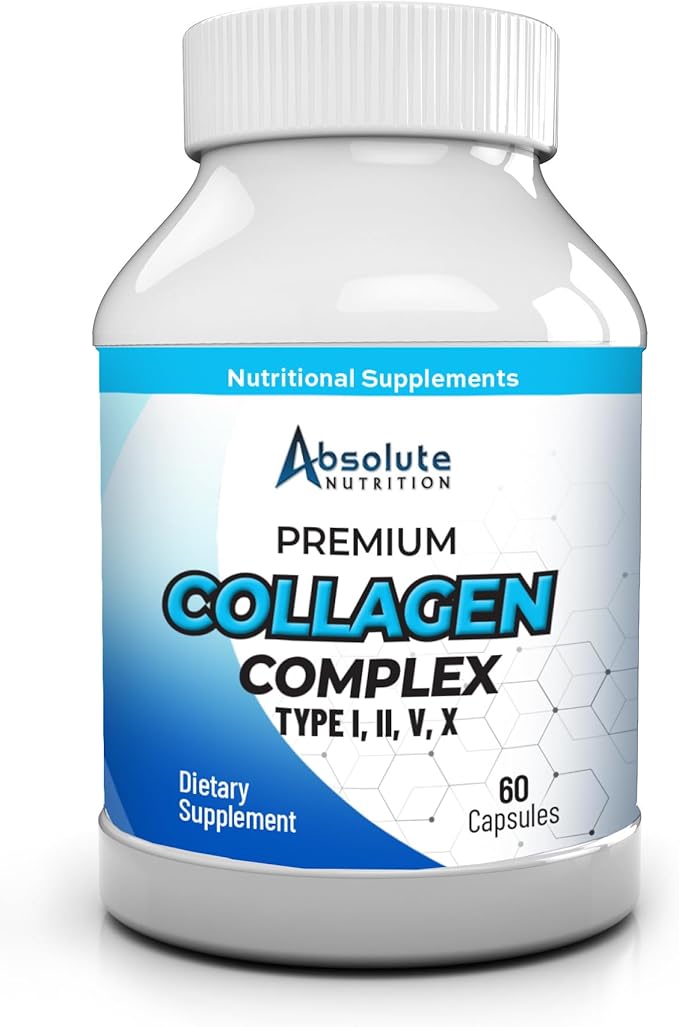Absolute Nutrition Multi Collagen Complex Capsules - Collagen Peptides Pills with Hyaluronic Acid Type I II III V X Collagen - 60ct Supplement for Hair Skin Nails &amp Joint Health - Men &amp