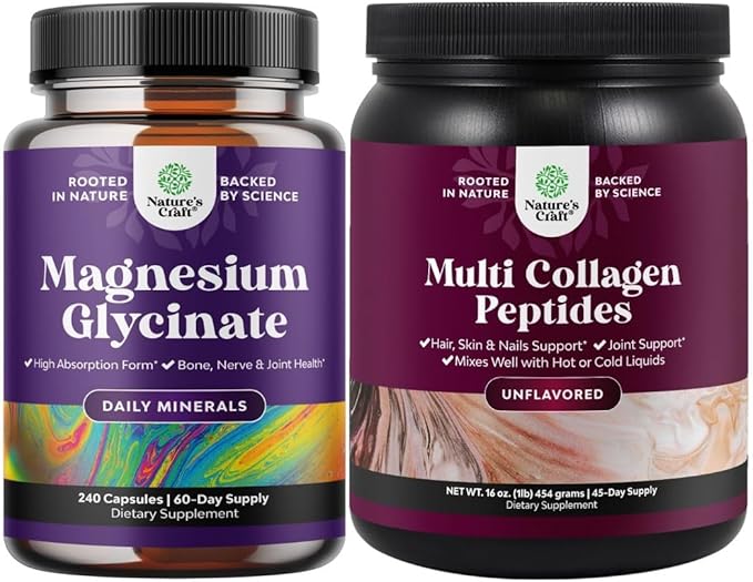 Bundle of High Absorption Magnesium Glycinate Capsules for Calming Sleep Plus Muscle Bone &amp Nerve Support and Multi Collagen Protein Powder for Women and Men - Hair Skin and Nails Vitamins