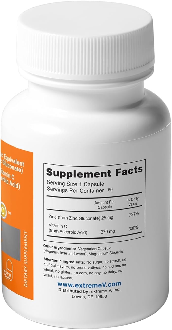 Zinc MG25+VC Dual Pack | Daily Zinc Gluconate + Vitamin C | 25mg + 270mg | Clean Formula Vegan-Friendly (2 Bottles 120 Vegetarian Capsules)