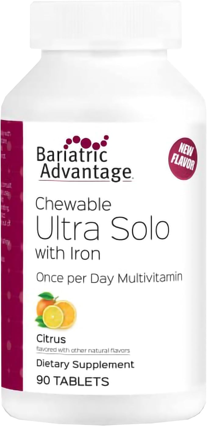 Bariatric Advantage Chewable Ultra Solo with Iron - Once-Per-Day Daily Multivitamin - for Bariatric Patients - with Thiamin Vitamin A &amp More - Gluten Free - Citrus - 90 Tablets